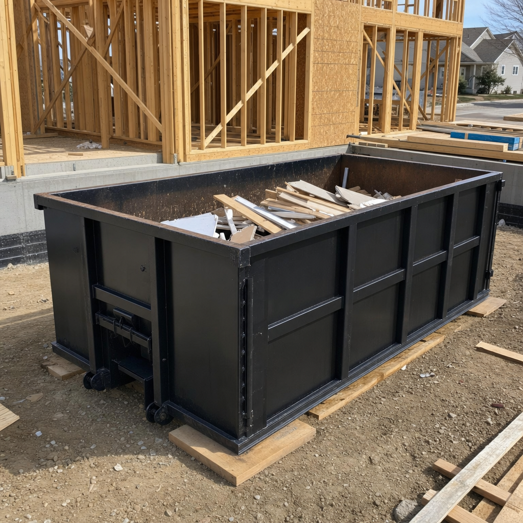 Matte-black 30-yard roll-off construction dumpster set on protective wooden planks at a framed single-family home build site in Rowlett, drywall and lumber scrap loaded inside