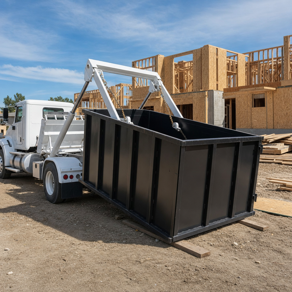 Matte-black 40-yard roll-off construction dumpster being lowered from a white-cab hooklift delivery truck onto wooden planks at a commercial build site in Rowlett