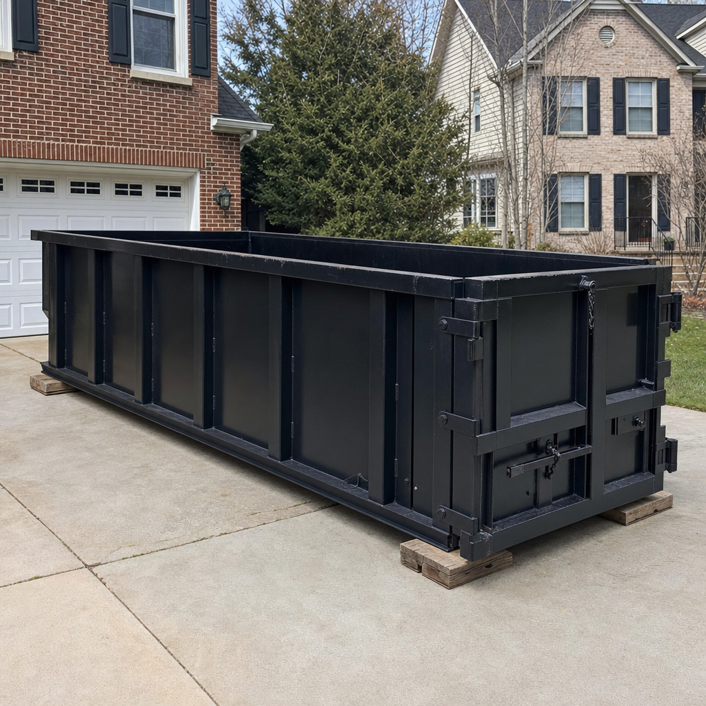 Matte-black 20-yard roll-off container at a Rowlett driveway with reinforced ribbed steel sidewalls and a hinged rear walk-in door, set on protective wooden planks.