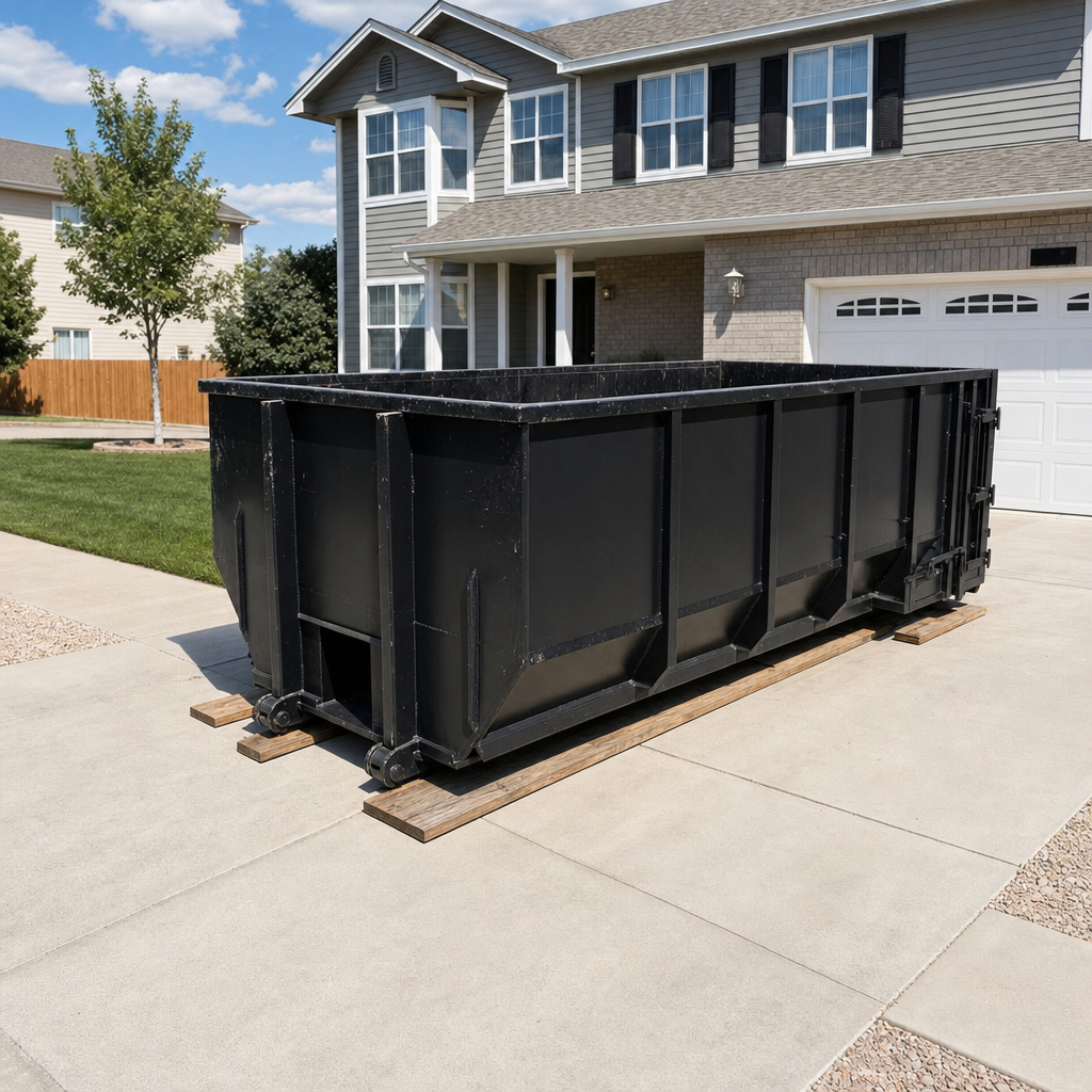 Matte-black 20-yard roll-off dumpster sitting level on wooden driveway planks at a quiet Rowlett residential street under bright daylight, demonstrating clean placement on a protected concrete driveway.
