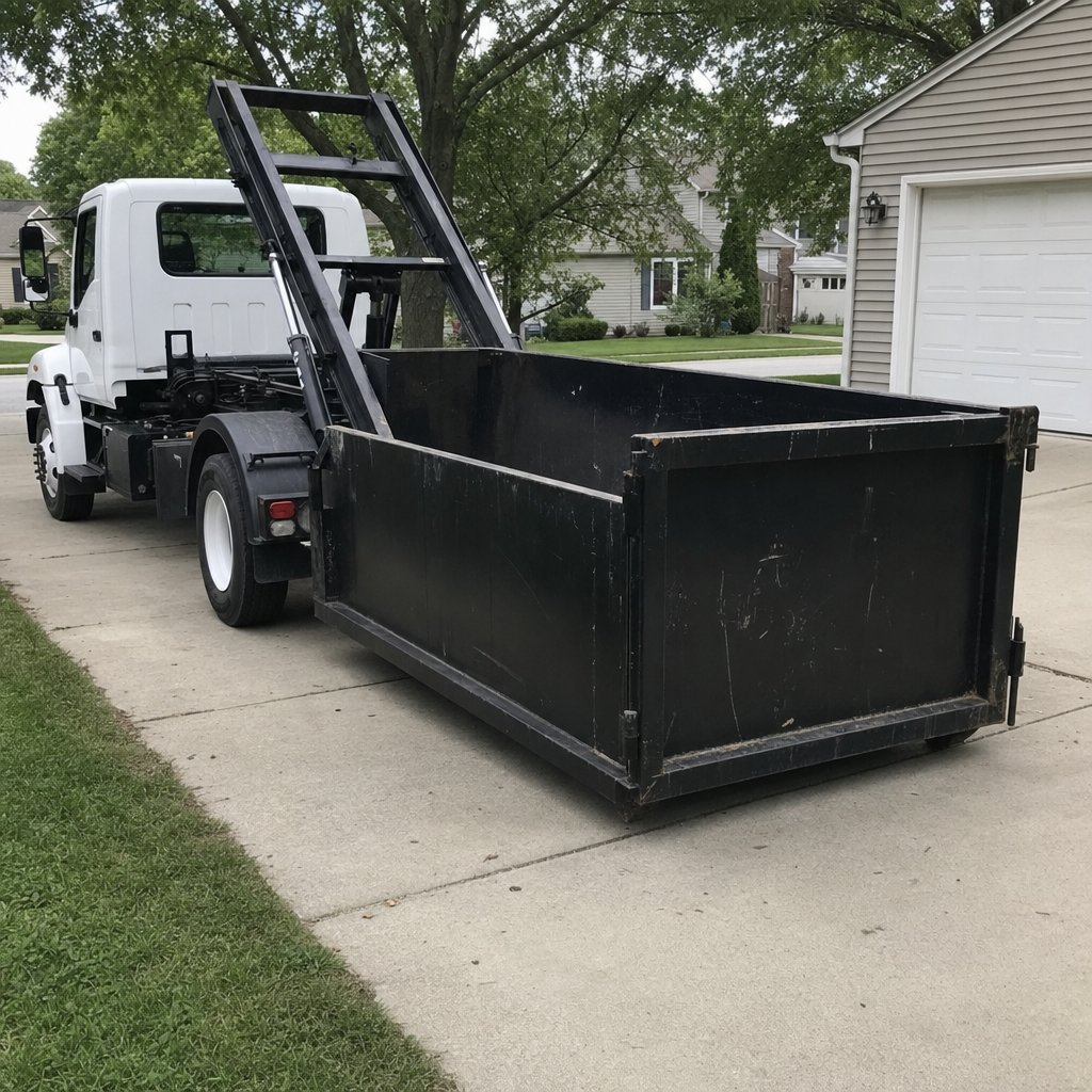 Black roll-off dumpster being lowered from a hooklift truck onto a residential driveway protected by wooden planks, mid-morning daylight, documentary perspective