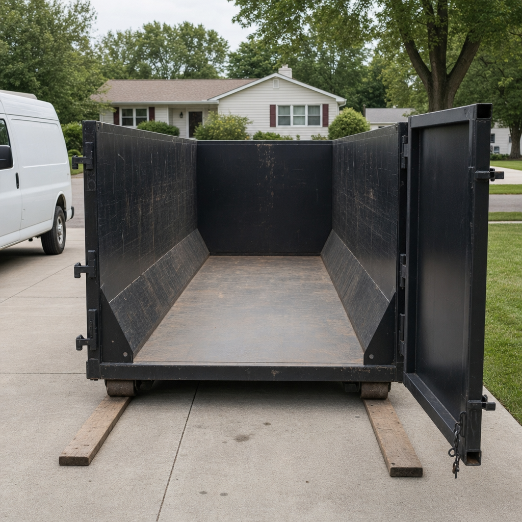 Crew member in high-visibility vest opening the rear swing door of a matte black roll-off dumpster sitting on wooden driveway planks, clean and organized residential scene