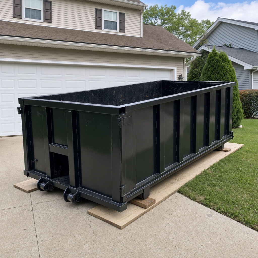Matte black roll-off dumpster delivered onto wooden planks in a clean residential driveway under bright daylight, documentary 35mm perspective