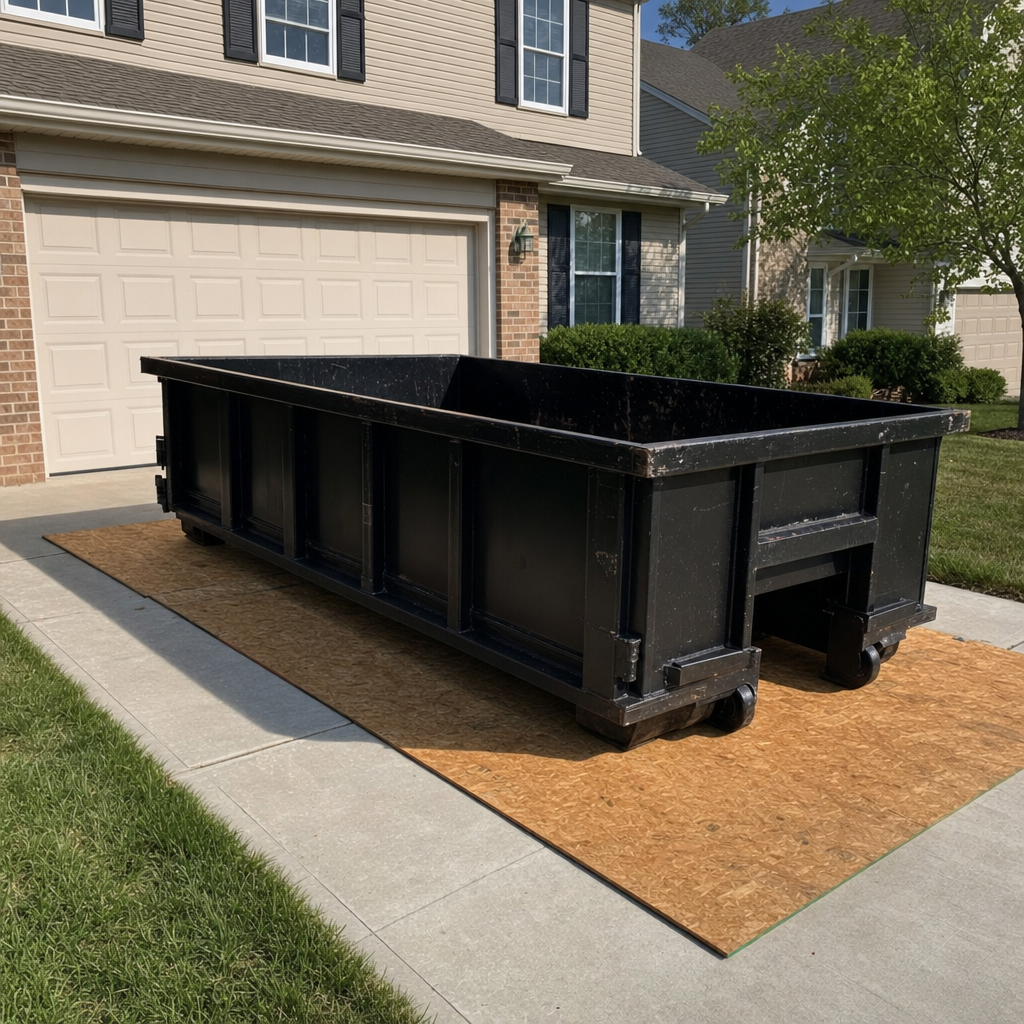 Matte-black residential roll-off dumpster set on protective wooden planks across a suburban Rowlett driveway, garage door closed, single-family home in background, bright morning daylight