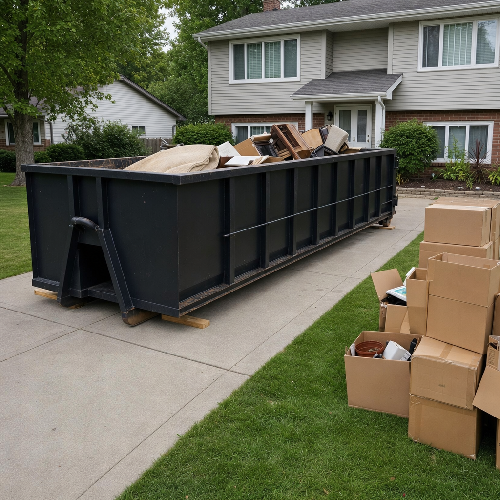 Front-yard view of a Rowlett split-level home with a 20-yard matte-black roll-off dumpster on wooden planks in the driveway, a few clearly labeled donation boxes staged at the curb, calm sunny afternoon