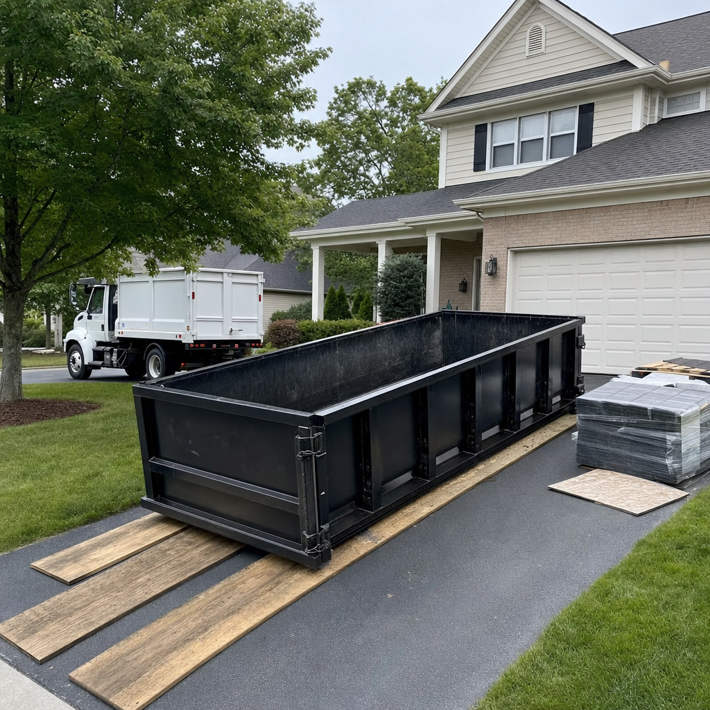 Matte-black 15-yard roofing roll-off dumpster with reinforced low side walls on protective wooden planks in a Rowlett driveway, three-tab asphalt shingle bundles stacked nearby, bright outdoor daylight, documentary 35mm