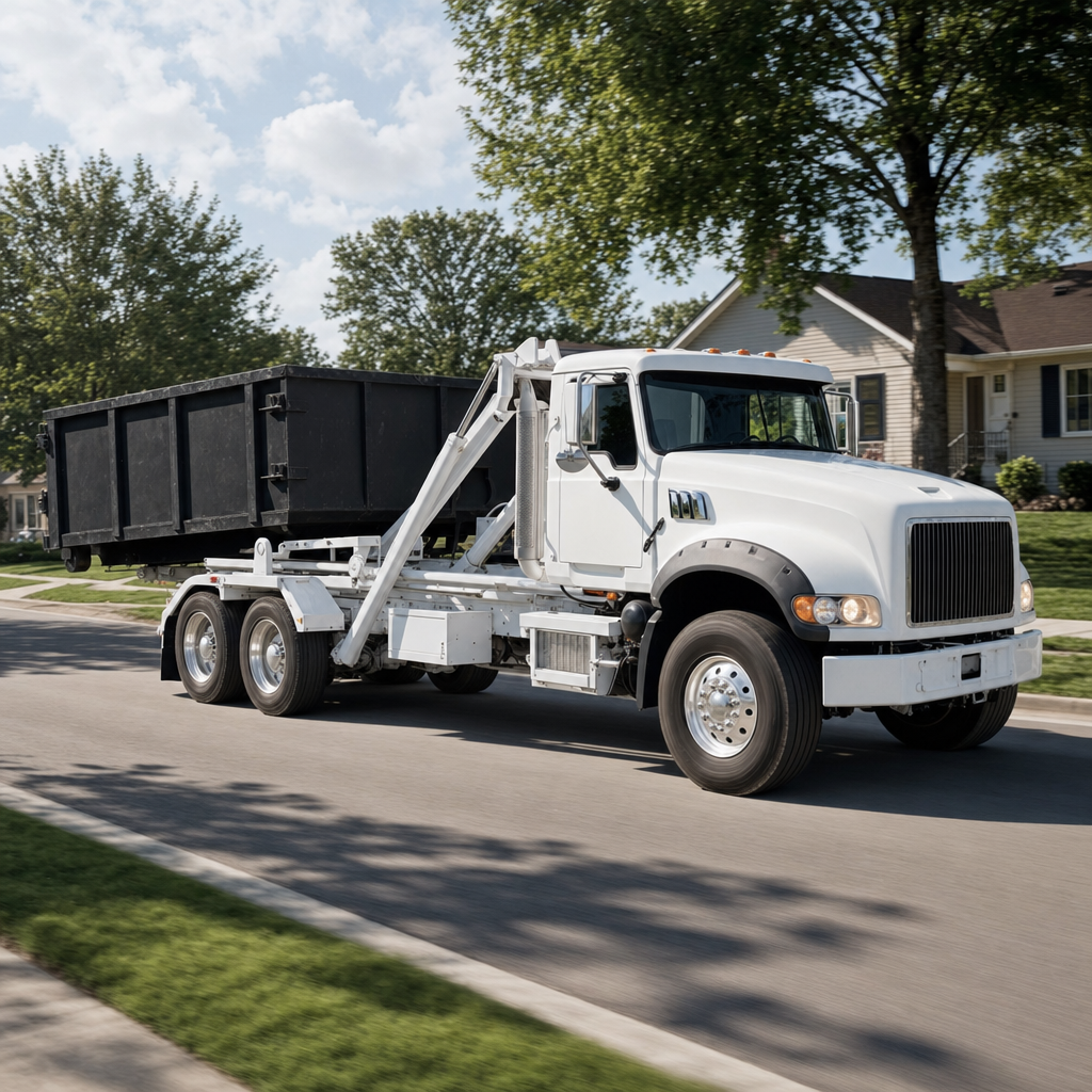 A wide documentary shot of a matte-black roll-off delivery truck pulling onto a quiet Rowlett residential street at mid-morning, with neighborhood rooftops and tree-lined blocks visible behind, showing the metro coverage footprint.