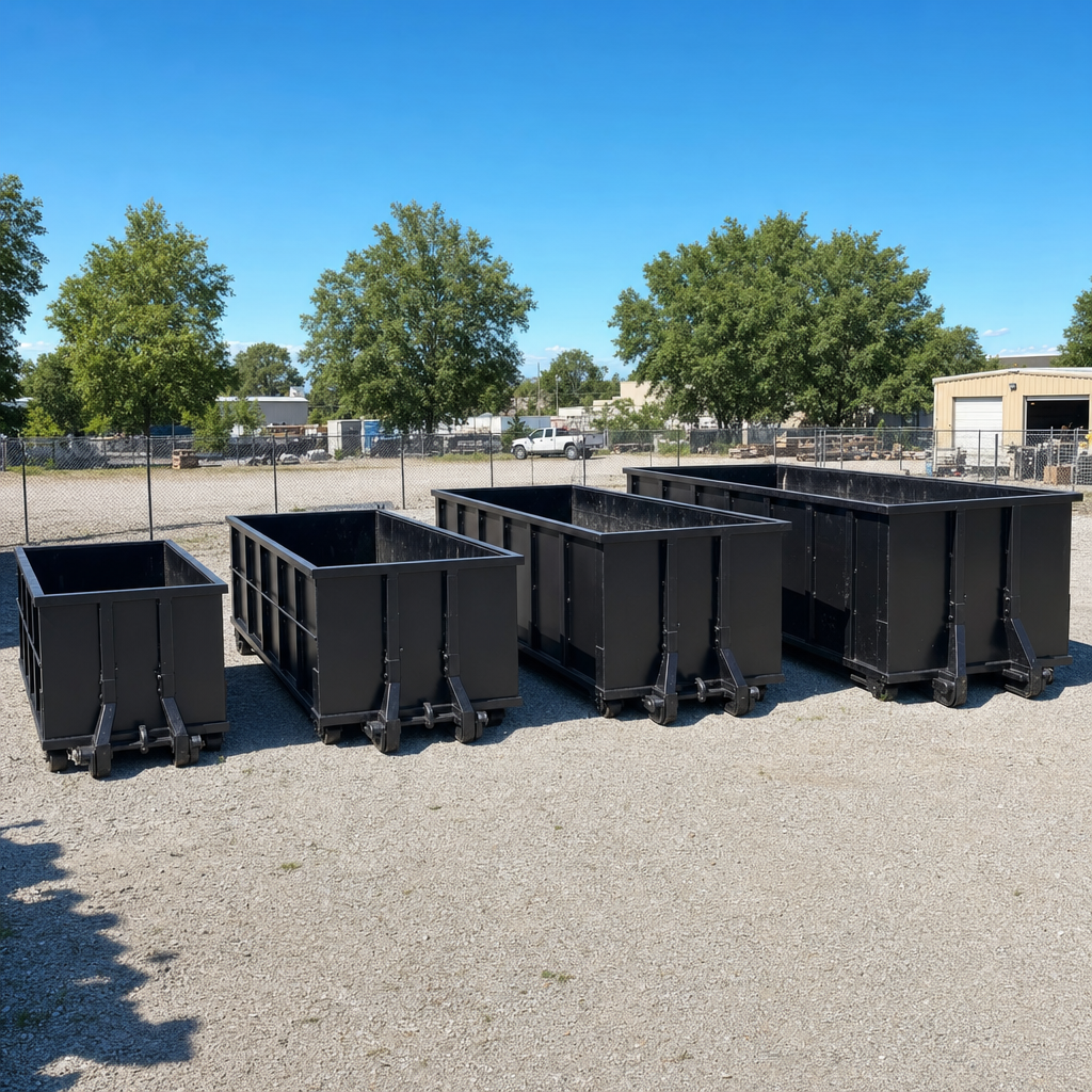 A clean lineup of matte-black roll-off dumpsters in 10, 20, 30, and 40-yard sizes staged on a sunlit gravel yard in Rowlett, showing the size progression from compact to commercial-scale containers.