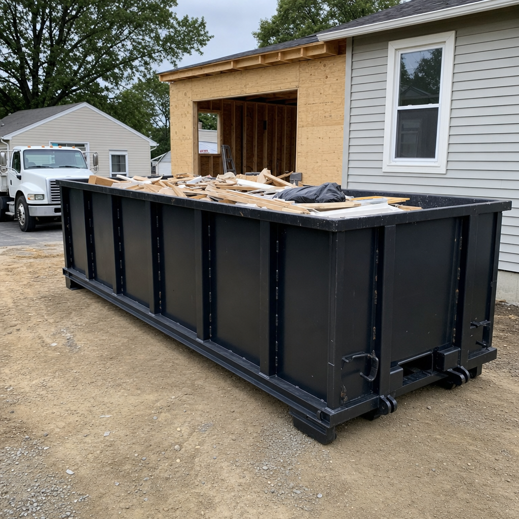 A matte-black 30-yard roll-off dumpster positioned at a Rowlett residential addition jobsite, with framing lumber and drywall scraps loaded through the open swinging rear doors.