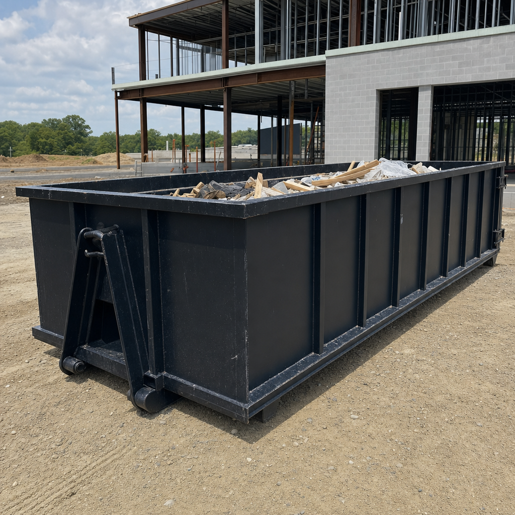 A matte-black 40-yard roll-off dumpster staged on a large Rowlett commercial construction lot, with a hooklift delivery truck parked alongside under bright midday sky.
