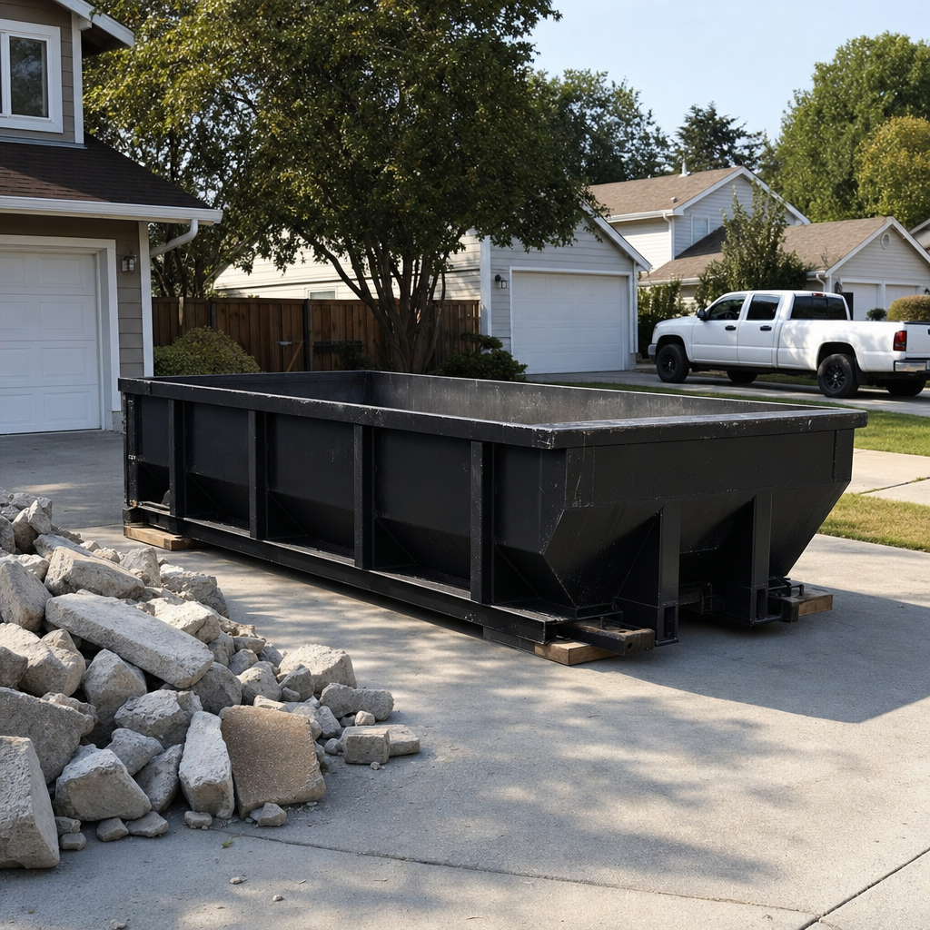 A matte-black low-side reinforced concrete dumpster placed on heavy wooden planks in a Rowlett driveway, with broken concrete chunks neatly stacked beside it under clean daylight.