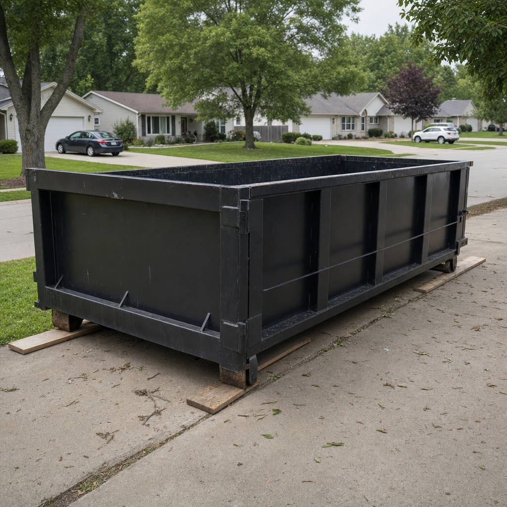 A matte-black 10-yard roll-off dumpster on wooden planks in a residential driveway, partially loaded with pruned branches and a small leaf pile, mature trees and a tidy front lawn in clean bright daylight
