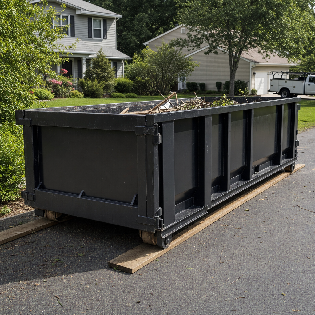 A matte-black 20-yard roll-off dumpster on wooden planks beside a landscaped property, filled to the rails with mixed branches, leaves, and rolled sod strips, organized job site with a clean swept driveway in soft documentary daylight